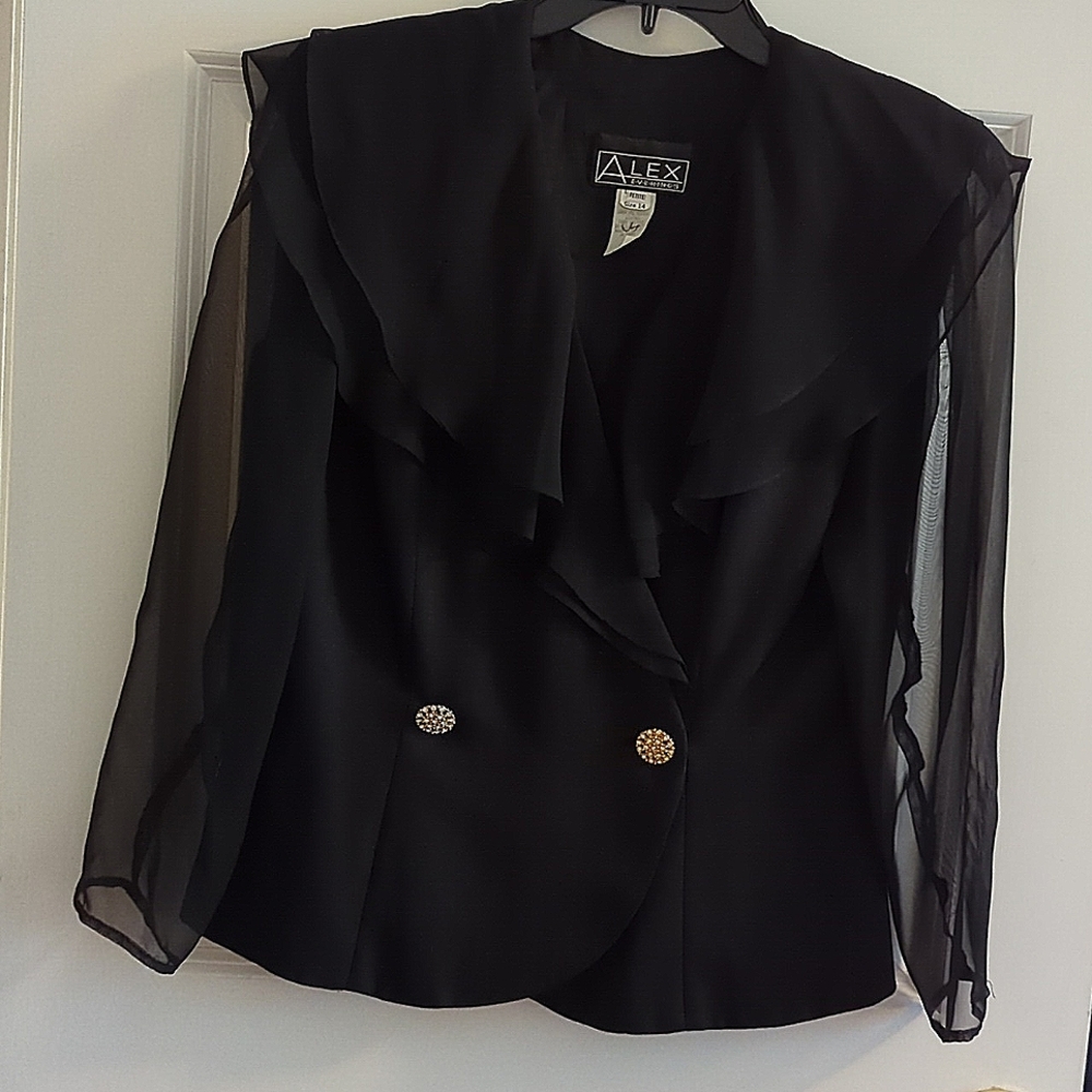 NWOT Vintage Alex Evenings Black  w/ Sheer Sleeves Ruffled Jacket!*